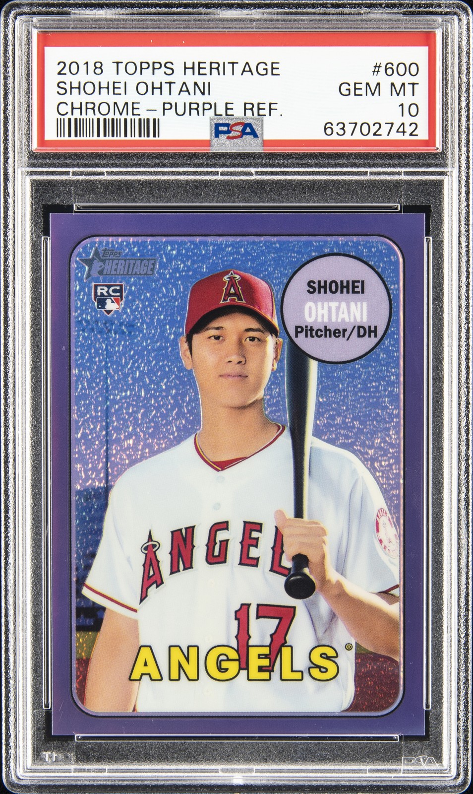 2018 TOPPS HERITAGE CHROME-PURPLE REFRACTOR #600 SHOHEI OHTANI ROOKIE RC PSA 10