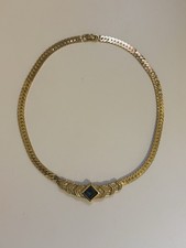 Vintage Christian Dior Gold Toned Blue Crystal Rhinestone Statement Necklace