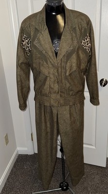 Vtg 80s Cache Women s Jacket Pleated Pantsuit Olive Leopard Studs Retro Sz 4
