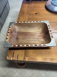 Mid Century Modern Acacia Wood Serving Bowl Inlaid Geometric Trim Folk Art Tray