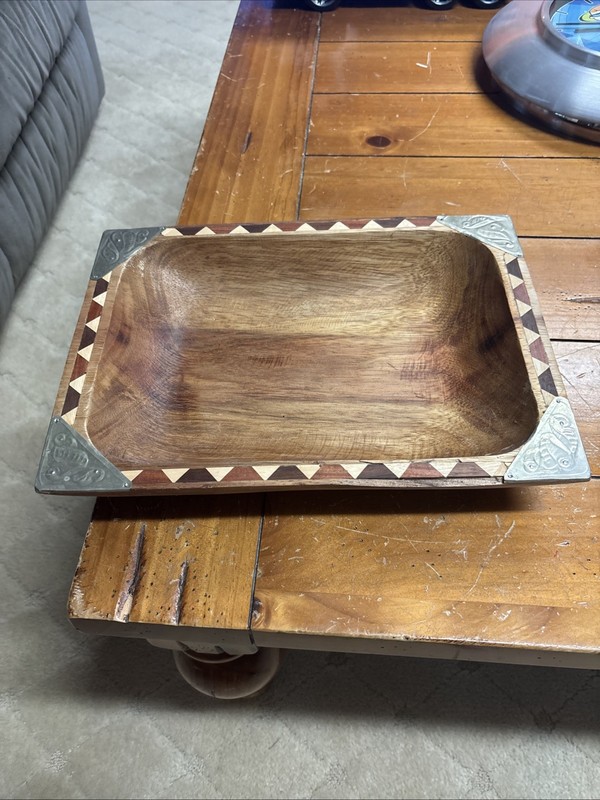 Mid Century Modern Acacia Wood Serving Bowl Inlaid Geometric Trim Folk Art Tray