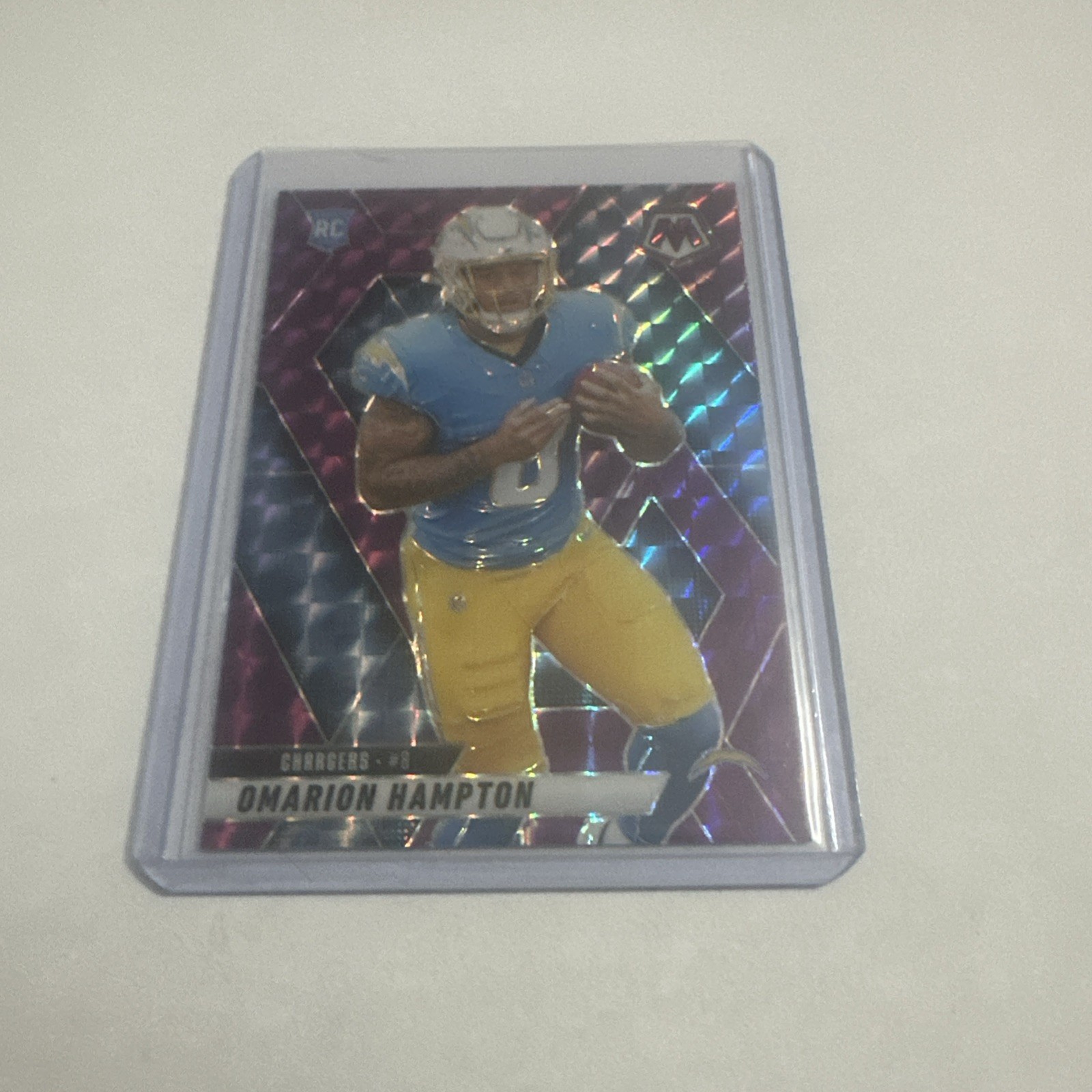 2025 Panini Mosaic Omarion Hampton RC #335 Mosaic Purple Prizm /49 SSP Chargers