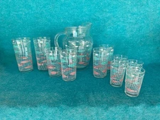 MCM Libbey Glass Pitcher and 10 Tumbler Set Fish in Nets Pink and Turquoise