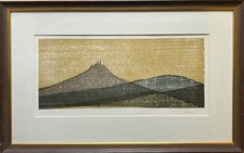 Farbholzschnitt Klaus Herzer Landschaft mit Bergen 48,8 x 77,6 cm Bilderrahmen