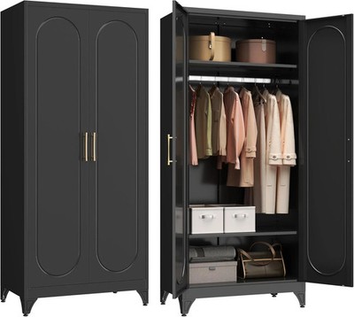 71'' Metal Wardrobe Closet with Doors & Shelves - Freestanding Black Armoire