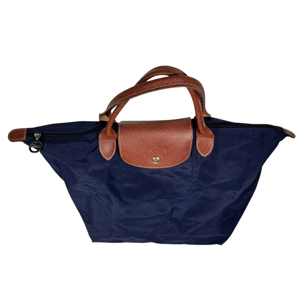 Longchamp Le Pliage Navy Blue Brown Leather Trim Short Handle Original Tote Bag - Image 3 of 4