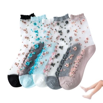 5 Pairs Silky Thin Middle Tube Socks Summer Floral Lace Edge Socks Breathable