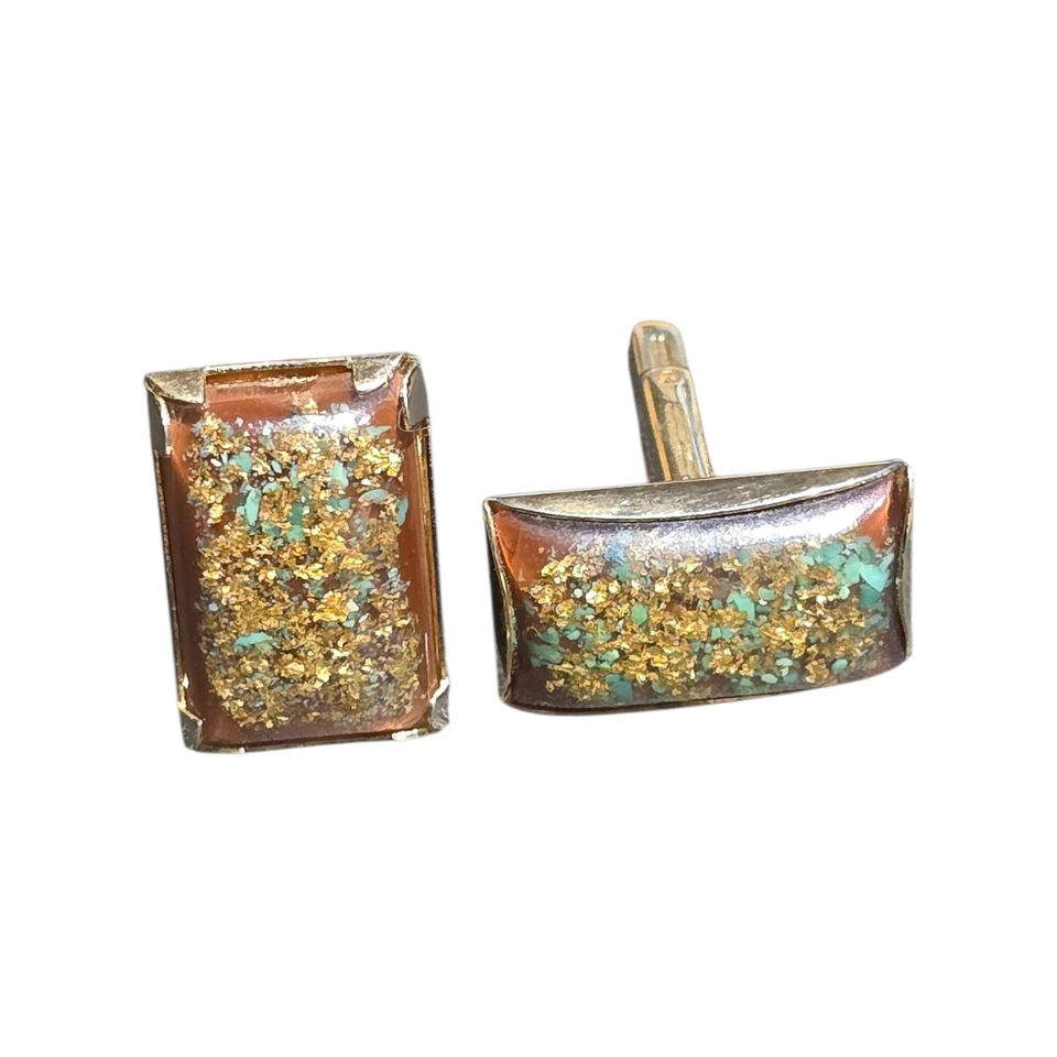 Vintage Hickok Cufflinks Turquoise Chip Gold Flake Lucite Inlay Rectangular... - Image 3 of 4
