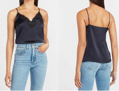 Express Black Satin Lace-Trim V-Neck Adjustable Strap Cami for