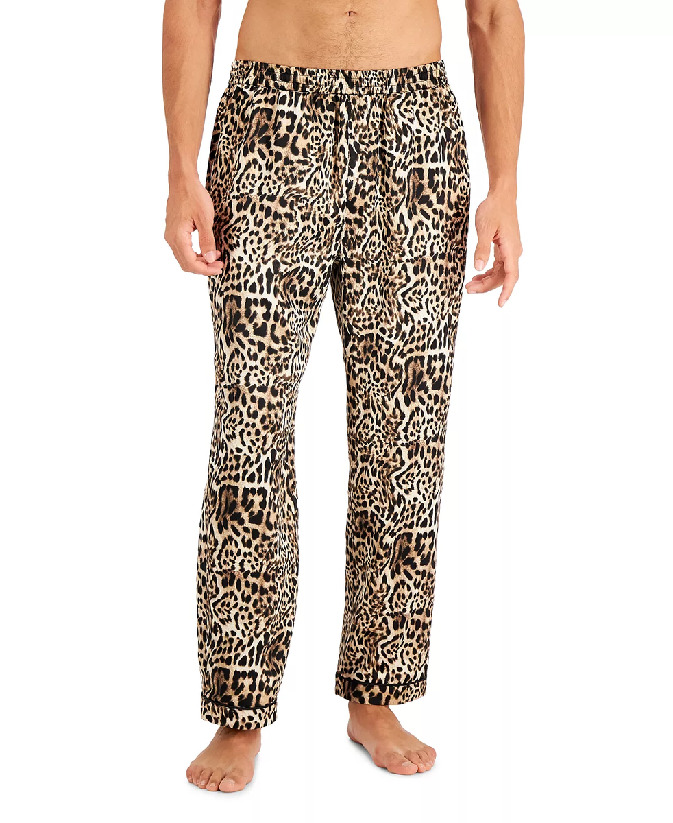 INC Men's Satin Pajama Pants Cheetah Print Side Pockets Elastic