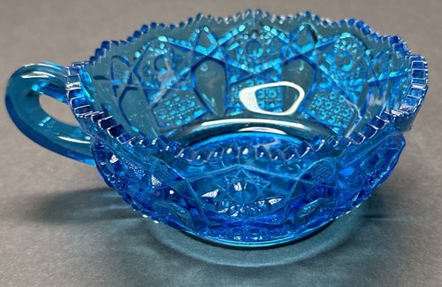Vintage LE Smith Heritage Aqua Blue Pressed Glass Bowl "Nappy Dish" With Handle - Picture 9 of 20
