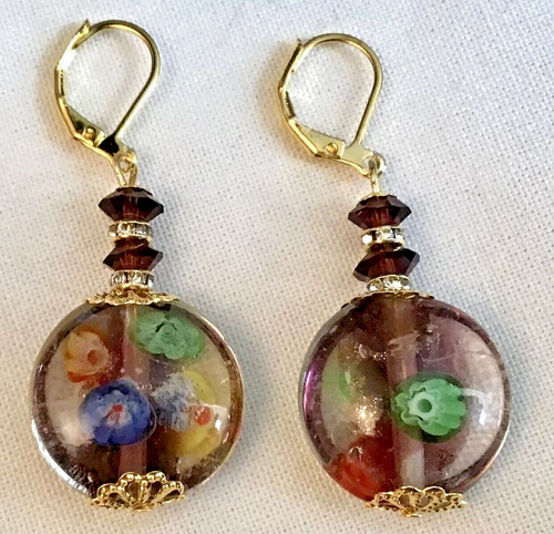 Boucles D’oreilles Perles Galets Verre Murano Millefiori Vert – Plaqué Or, Sans Emballage