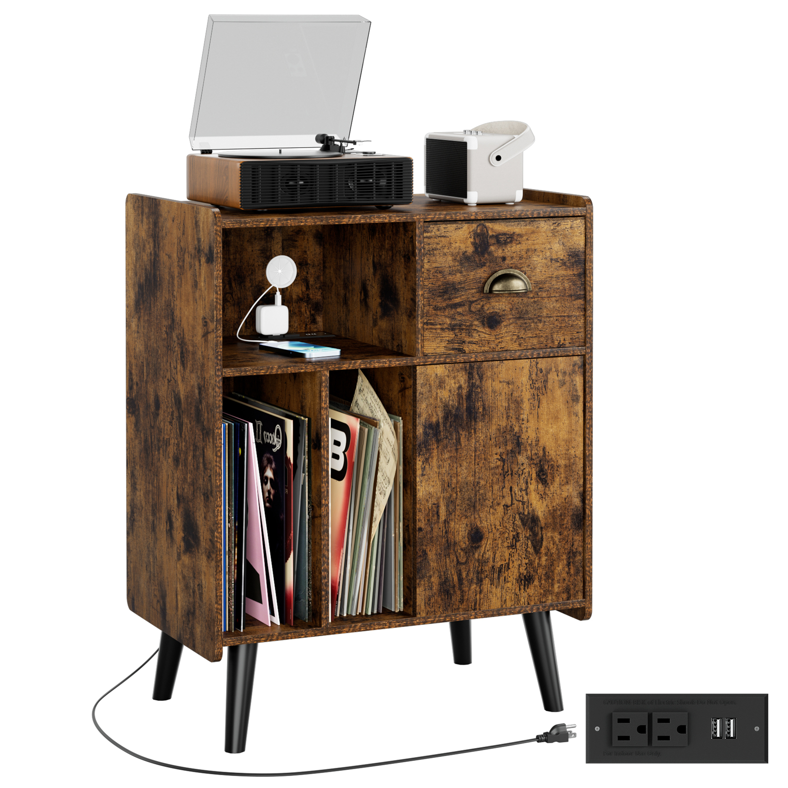 Vinyl Record Player Stand Cabinet w/Power Outlet Album Turntable Stand Cabinet