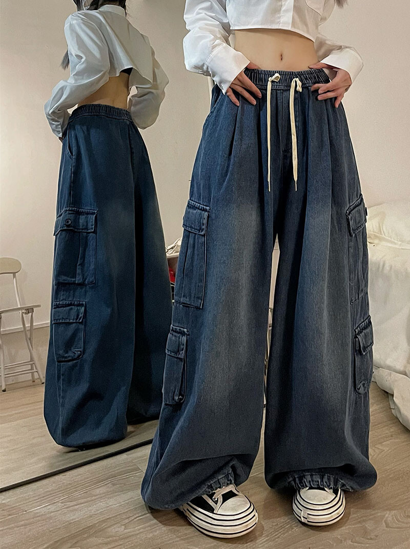 Fashion Women Wide Leg Loose Baggy Jeans Pants Cargo Pockets Denim