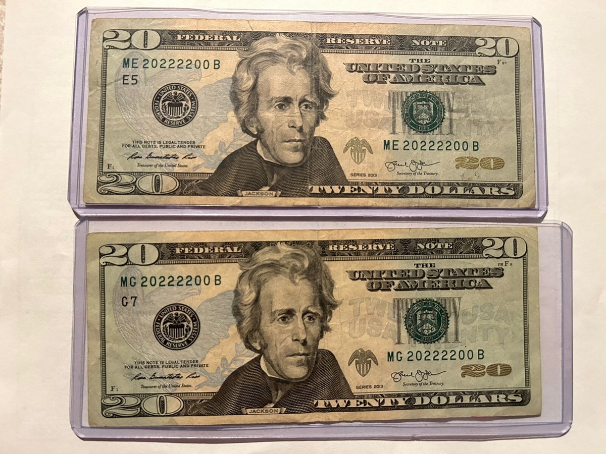 Two 2013 20 Dollar Bill Matching Numbers (ME20222200B and