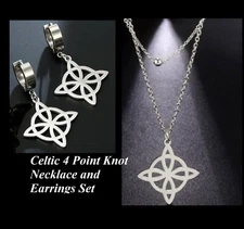 CELTIC 4 POINTED KNOT STAINLESS STEEL DOUBLE LAYER NECKLACE AND EARRINGS SET