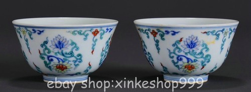 3.4" Ming Chenghua Marked Chinese Blue White Doucai Porcelain Flower Cup Pair