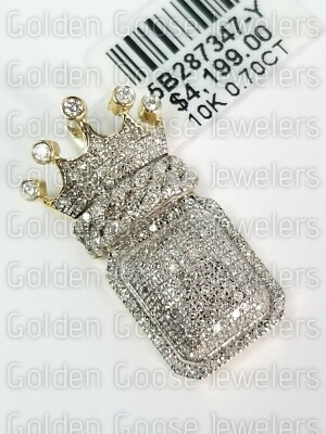 Real 10K Yellow Gold Diamond Pendant Charm Crown Square Cuban King #1 One 3D .70