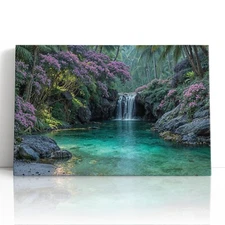 Tropical Waterfall Canvas Print Wall Art – Floral Lagoon Nature Scene Decor