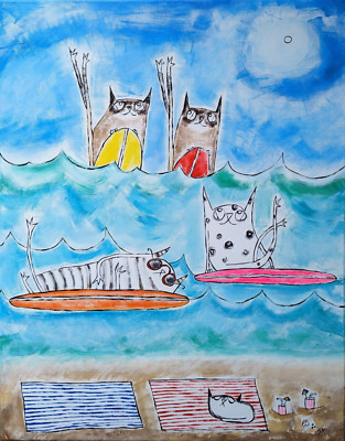Siamese Cat Painting Original Surfer Beach Abstract Folk Art By Samantha McLean