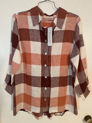Soft Surroundings Linen Blend Zip Back Plaid Shirt Rustic Mango Size M (10/12)