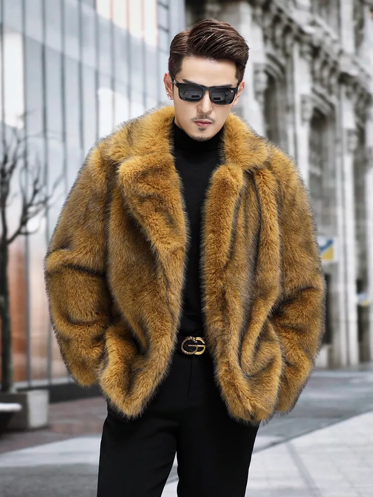 Men's Faux Fur Jacket Lapel Short Style Thickened Loose Casual Coat Winter  Warm