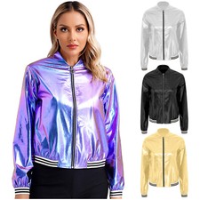 Women's Shiny Metallic Baseball Jacket Coat Holographic Party Hip Hop Dance Tops