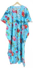 Cotton Loose Short Sleeves Flower Print Turquoise Free Size Caftan Maxi Dress