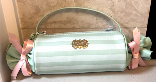 Bath & Body Works Candy Striped Cosmetic Bag Sweetest Song Green Pink Bows NEW - Picture 2 of 4