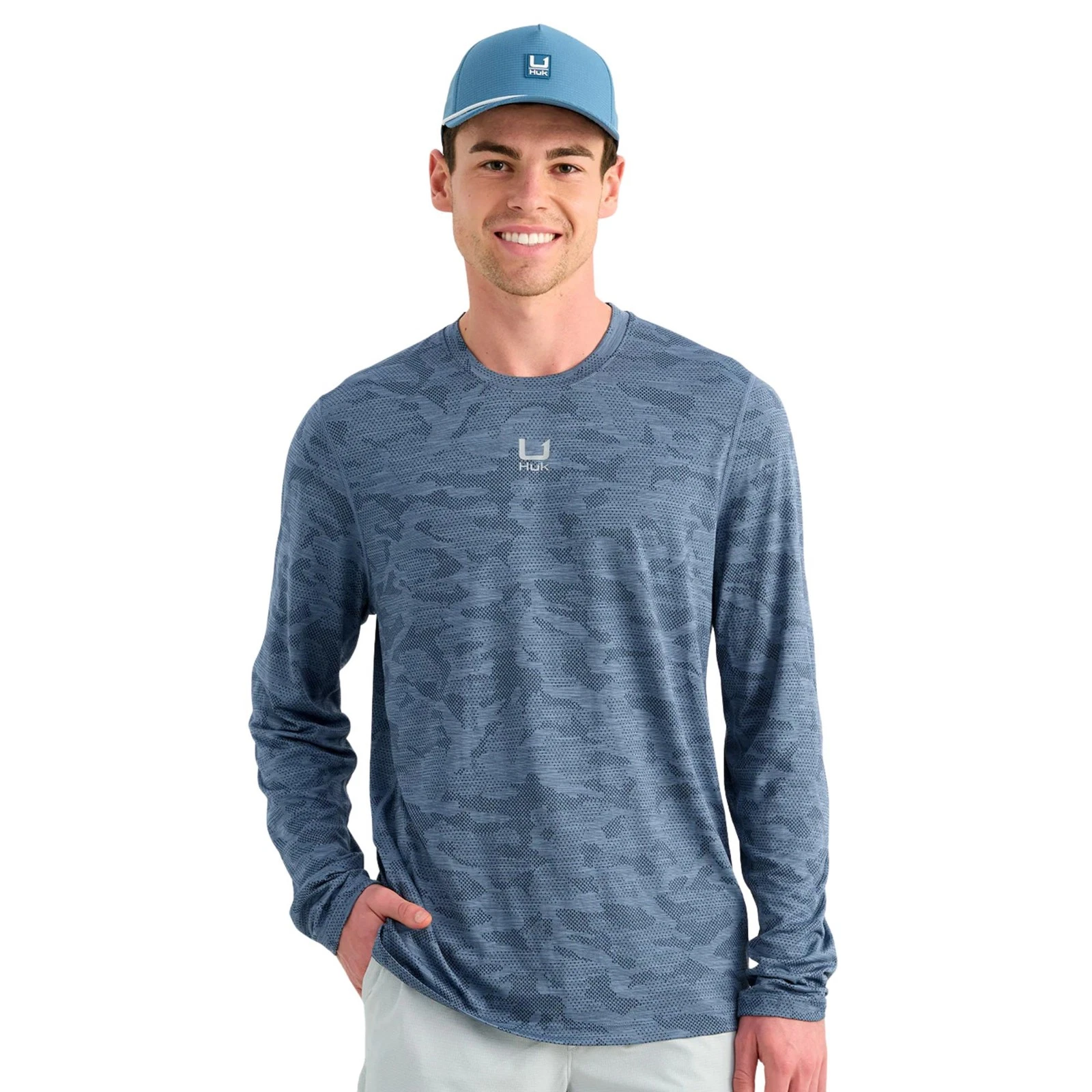 Huk Andros Long Sleeve Crew Men's Tech Shirt, Stormy Blue, X-Large