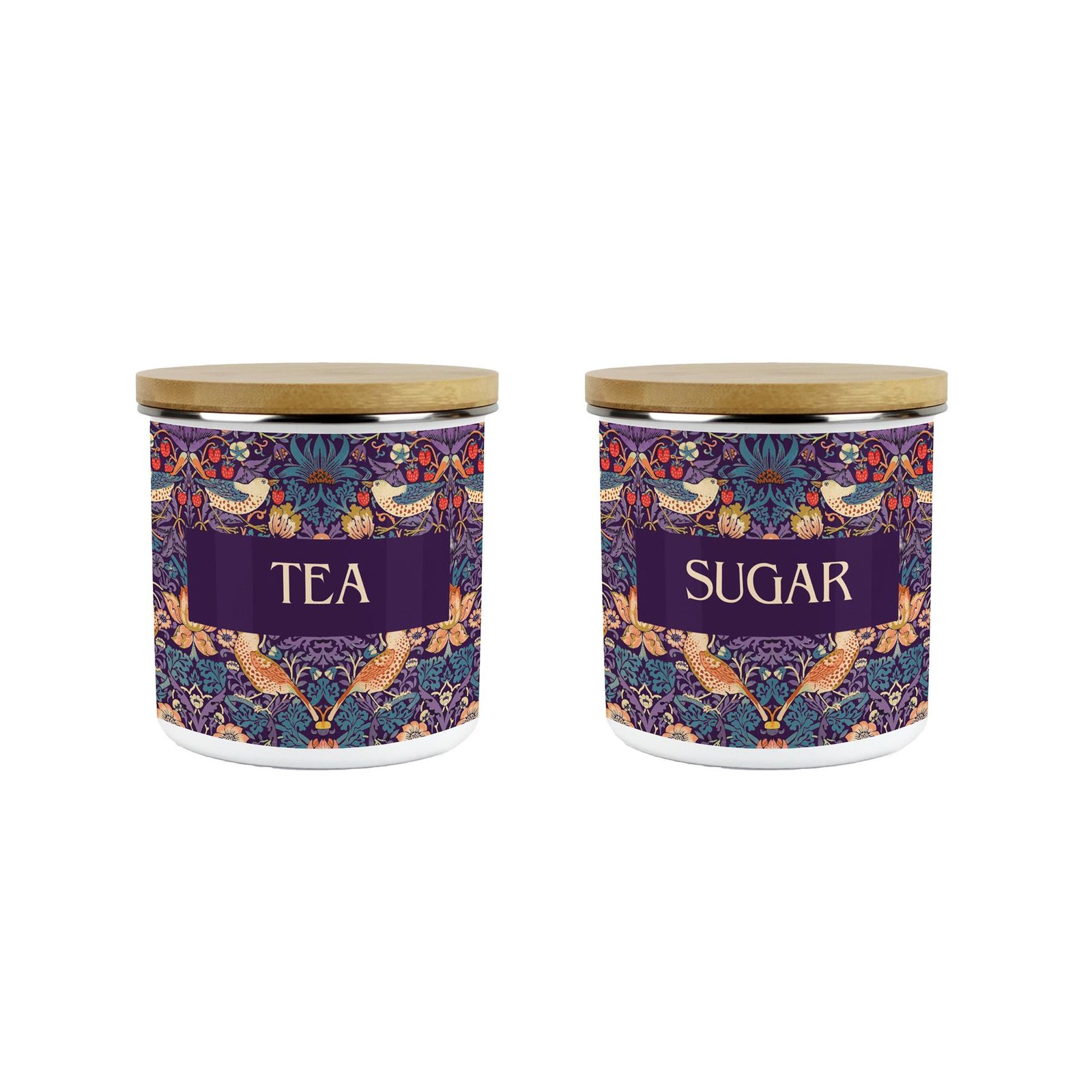 Purple Strawberry Thief Tea & Sugar Canisters Set - Artistic Kitchen Gifts