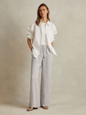 REISS Cleo Garment Dyed Wide Leg 100% Linen Trousers in Dusty Blue UK Size 6