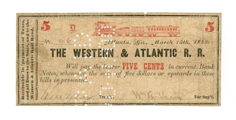 March 15th, 1862 5c The Western & Atlantic Rail Road - GEORGIA Note w/ TRAIN