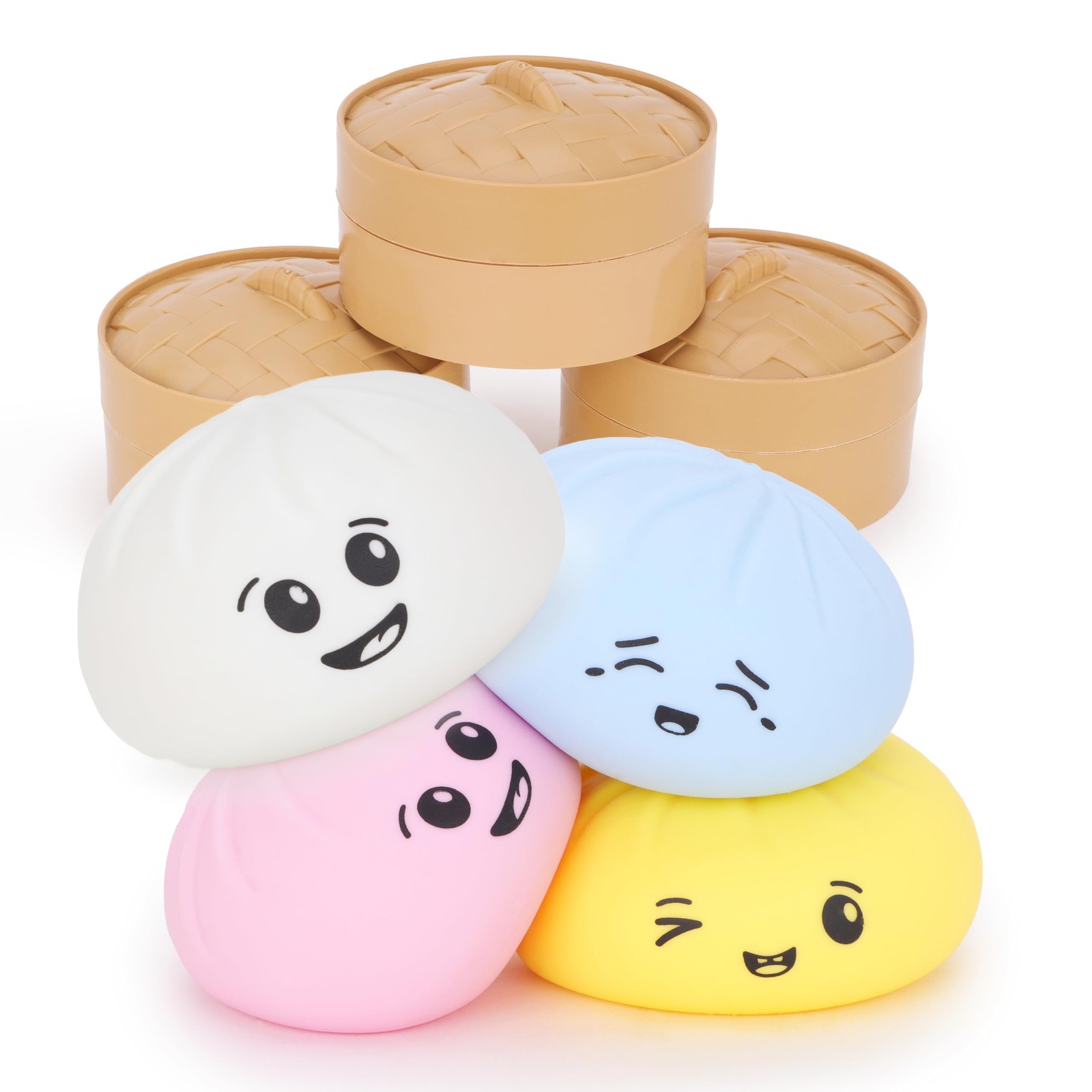 Squishy Bao Dumpling Sensory Fidget Toy with Plastic Steamer Box