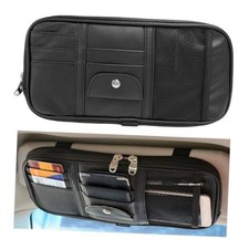 Car Sun Visor Organizer, Double Zipper Leather Visor Storage Pouch with Black