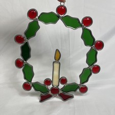 Vintage Stained Glass Christmas Holly Candle Wreath Window Hanging SUNCATCHER
