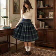 Vintage Smith and Watson 100 Wool Plaid Pleated Midi Skirt Navy Green Pink 14