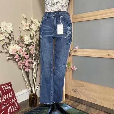 J.Crew Women's Vintage Straight Blue Jeans 25 Flower Embroidered Raw Hem NWT