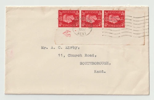 10/5/1937 UK GB FDC - KGVI Definitive - 3 X 1d - Tunbridge Wells Slogan Postmark