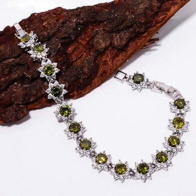 Green Tourmaline, CZ 925 Sterling Silver Adjustable Bracelet 7-8'' B127929