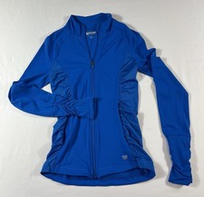 Forever 21 Athletic Zip Up Jacket Women s Small Ruched Sleeves Thumb Holes Blue