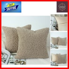 Plush Khaki Faux Fur Pillow Covers, Modern Farmhouse Decor, 2-Pack 40x40cm