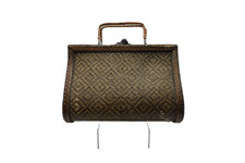 Vintage Woven Rattan Box Purse Carved Wood Frame Top Handle Basket Handbag