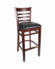 Mahogany Wood Finish Ladder Back Restaurant Barstool with Black Vinyl Seat