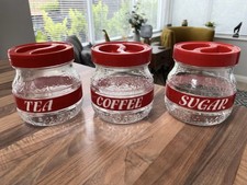 Vintage Retro 80s Italian Tea Coffee Sugar Jar Set Covetro Glass Red White