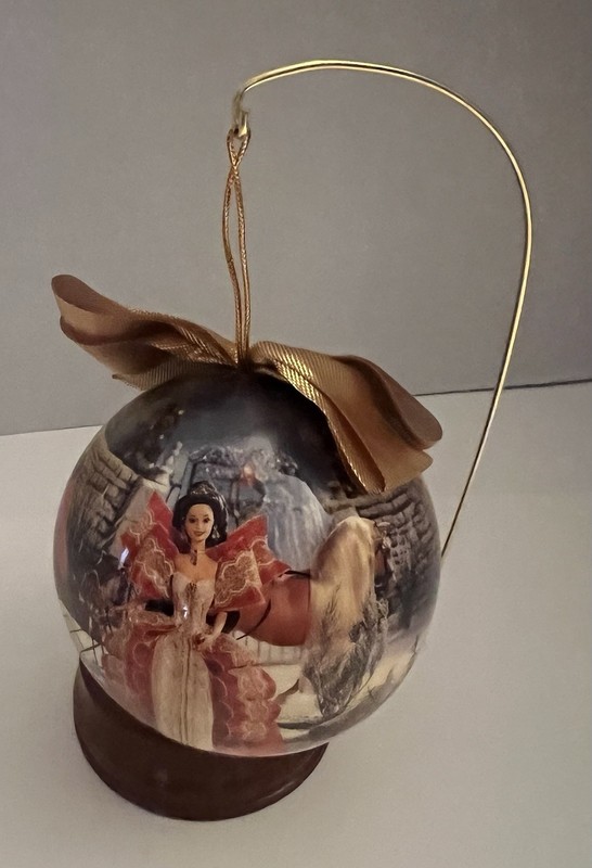 Vintage 1997 Holiday Barbie Ornament 4 Inch Decoupage Wooden Stand Original Box