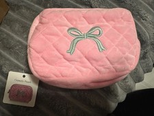 NEW pink with green bow Cosmetic Makeup Bag Plush Travel Pouch Case