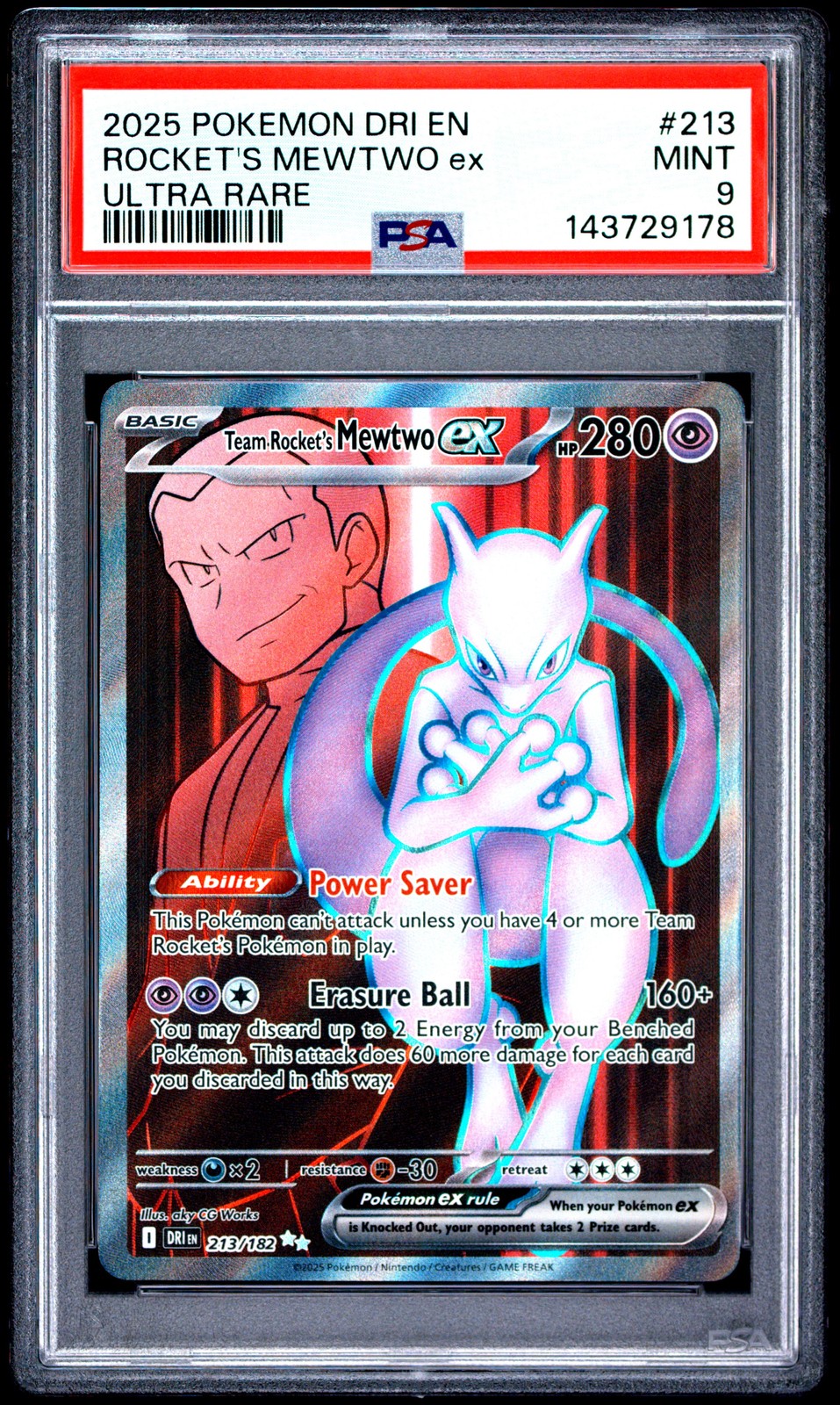 2025 POKEMON DRI EN-DESTINED RIVALS ULTRA RARE TEAM ROCKET'S MEWTWO EX PSA 9