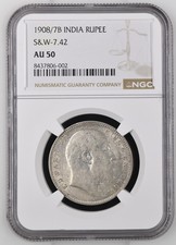 1908/7B India Silver Rupee NGC AU50 – Overdate – Rare – S&W 7.42