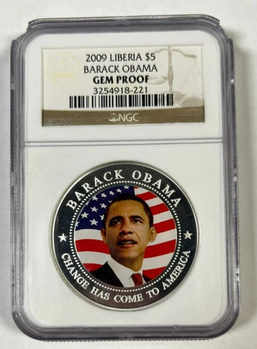2009 Liberia $5 Barack Obama Silver Plated Coin NGC Gem Proof CHIPPED HOLDER